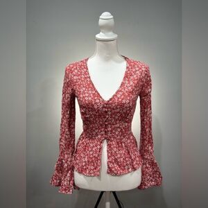 Coral Blue Rain Floral Button Down Peasant Blouse Size XXS EUC